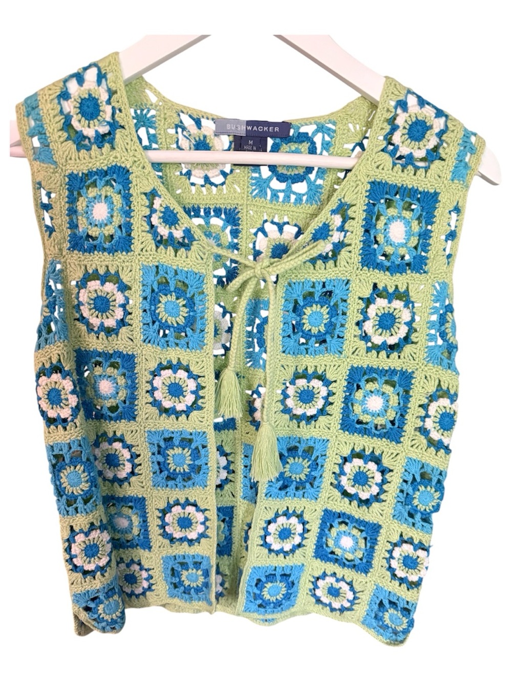 Vintage Bushwacker Green & Blue Crochet Vest - Women’s Boho Knit Top Sz. M